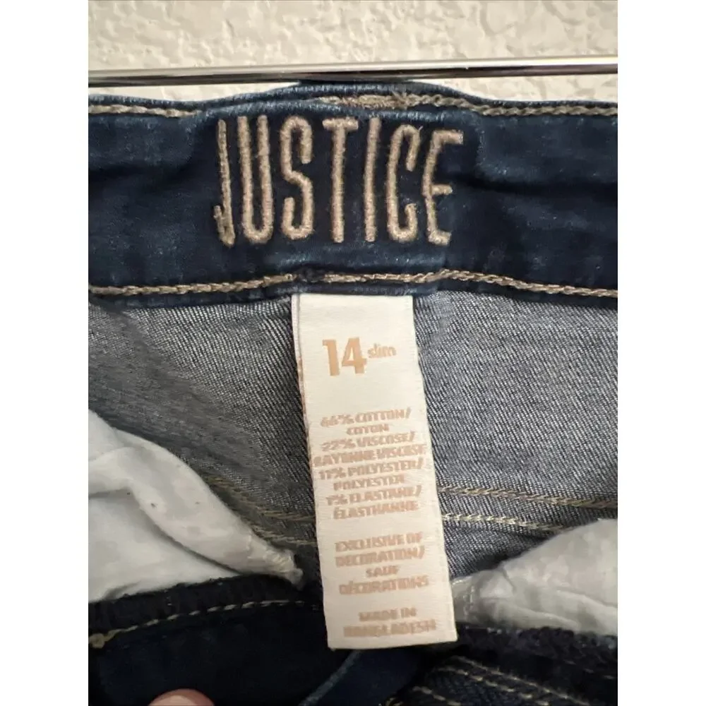Justice Girls Denim Blue Jean Shorts Boho Festival Cowgirl Country Stretch 14 Sl
